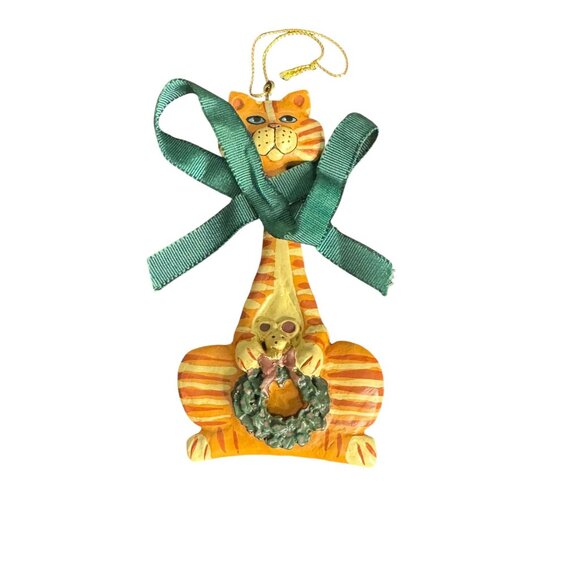 Striped Cat Christmas Ornament With Green Ribbon & Wreath - Picture 8 of 12